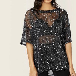 SHEIN Galaxy Print Sheer Mesh Longline Tee